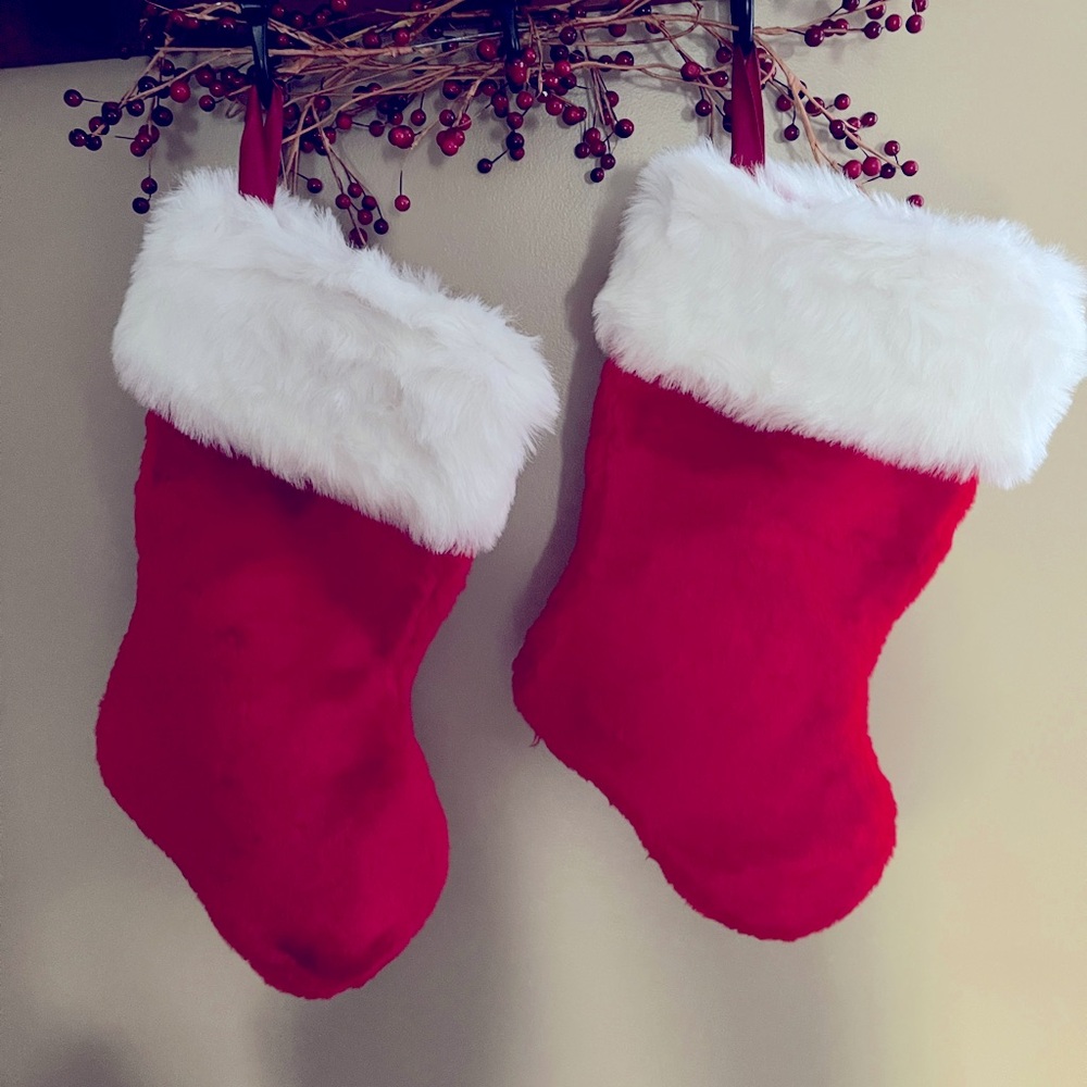Bundle of 2 Red Plush Xmas Stockings w/ white faux fur Trim.  18inches “New”